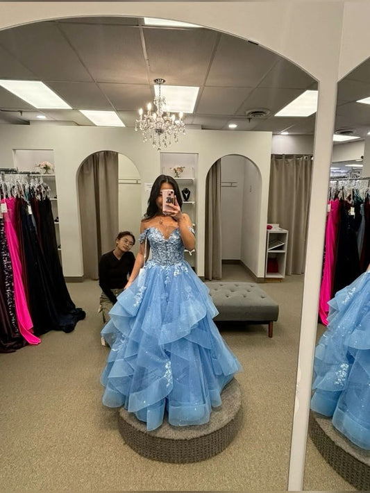 Unique Ball Gown Off The Shoulder Blue Lace Long Classy Beautiful Prom Dresses Inspiration Party Dress Birthday Outfit Graduation Dress RB1172