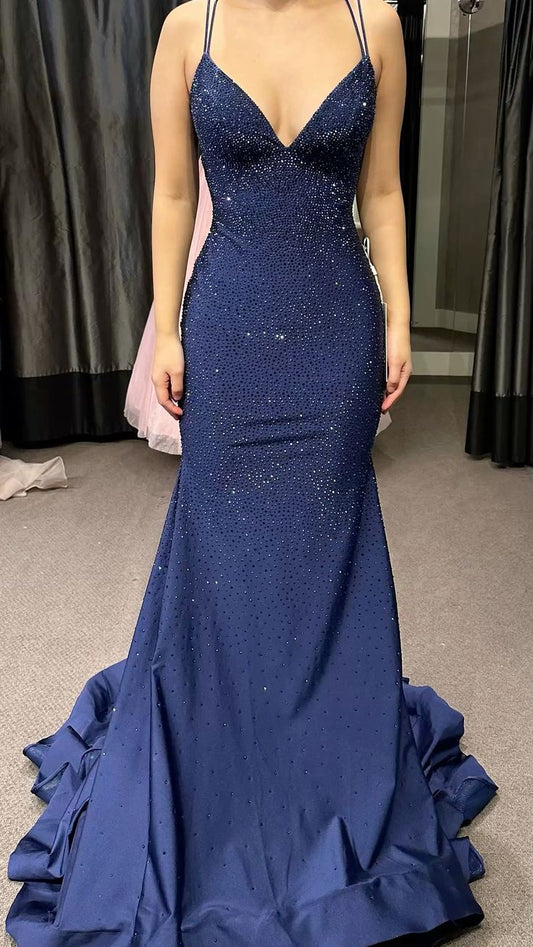 Bescheidene, trendige Meerjungfrau-Spaghettiträger, marineblaue Pailletten, Ballkleider im Stil der Oberstufe, langes Tanzpartykleid RB1177