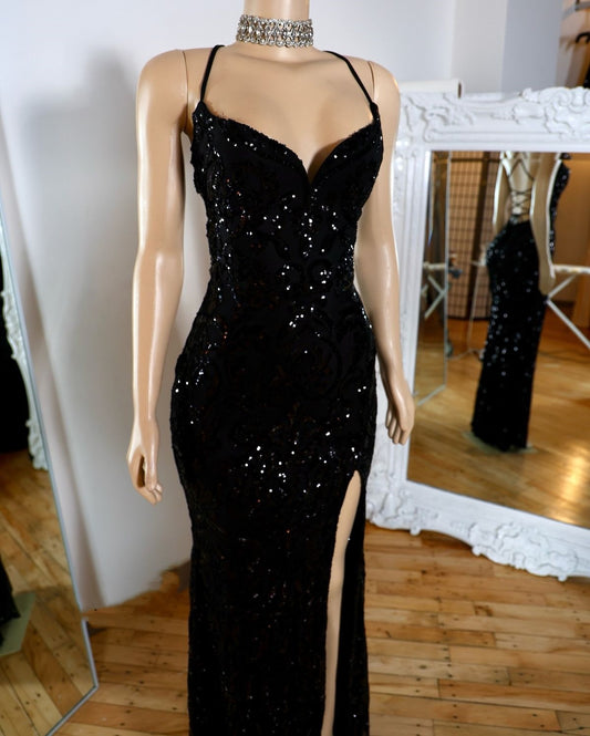 Modest Mermaid Halter Black Sequin Slit Prom Dresses Long Party Dress Birthday Outfit Teenagers Graduation Dress RB1183