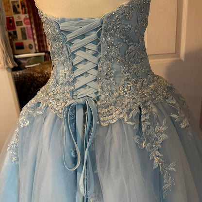 Unique Ball Gown Sweetheart Light Sky Blue Long Prom Dresses Reveal Inspiration Party Dress Birthday Outfit Graduation Dress RB1184
