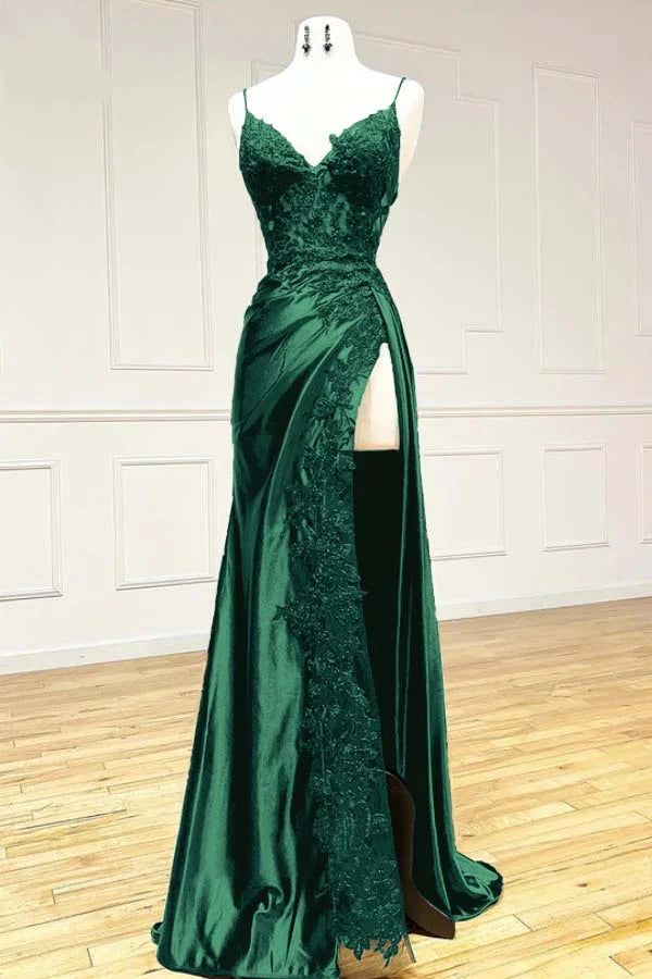 Sexy Mermaid Spaghetti Straps Black Lace Slit Long Prom Dresses Inspiration Party Dress 21st Birthday Outfit Graduation Dress RB1197