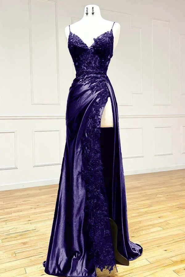 Sexy Mermaid Spaghetti Straps Black Lace Slit Long Prom Dresses Inspiration Party Dress 21st Birthday Outfit Graduation Dress RB1197