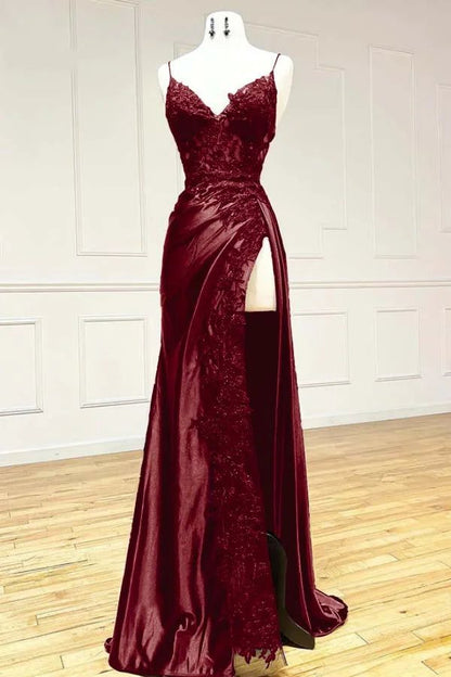 Sexy Mermaid Spaghetti Straps Black Lace Slit Long Prom Dresses Inspiration Party Dress 21st Birthday Outfit Graduation Dress RB1197