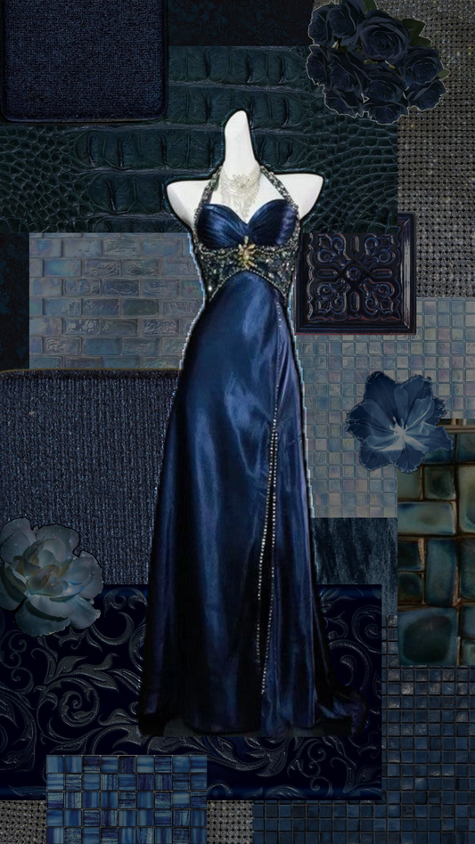 Sexy Mermaid Halter Navy Blue Satin With Beaded Sequins Slit Long Prom Dresses Inspiration Party Dress Graduation Dress RB1198