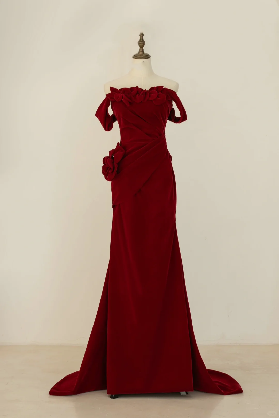 Vintage Mermaid Off The Shoulder Burgundy Ruffles Velvet Long Prom Dresses Inspiration Party Dress Graduation Dress RB1209