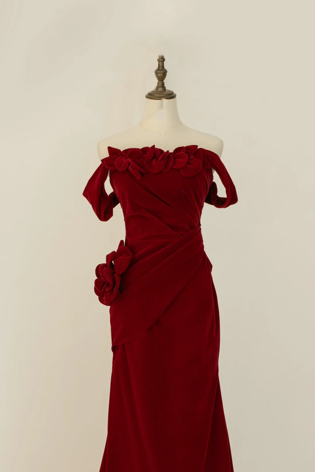 Vintage Mermaid Off The Shoulder Burgundy Ruffles Velvet Long Prom Dresses Inspiration Party Dress Graduation Dress RB1209