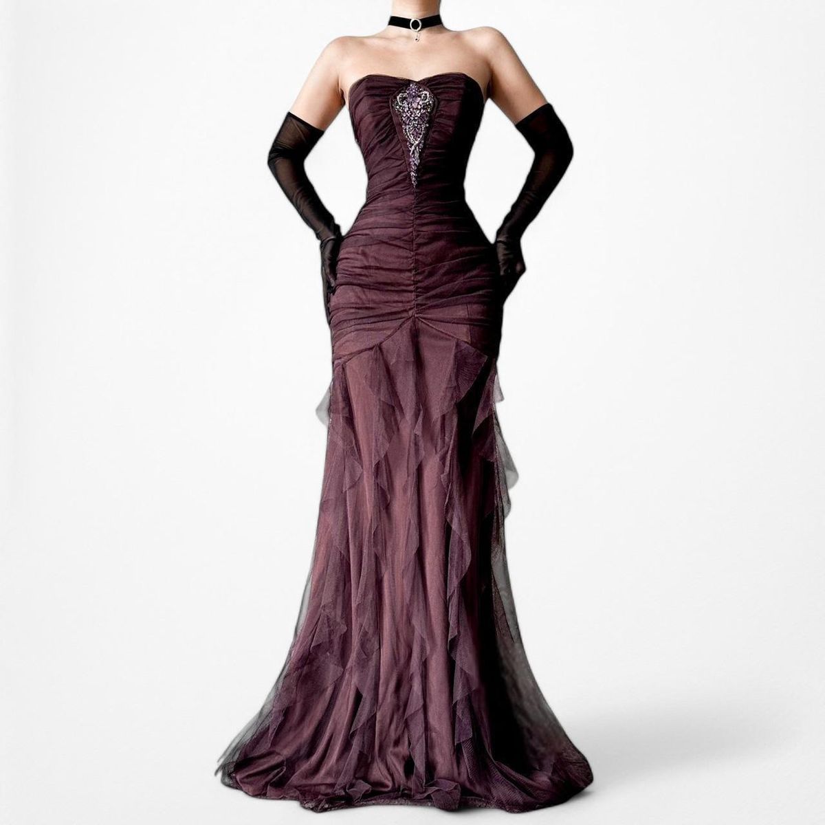 Vintage Mermaid Sweetheart Burgundy With Beaded Sequins Pleated Long Prom Dresses Inspiration Party Dress Graduation Dress RB1210