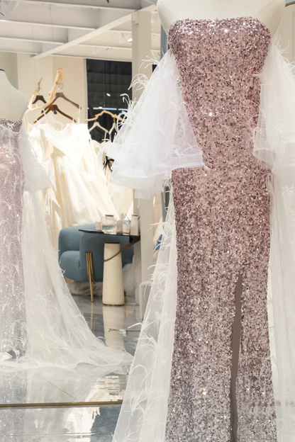 Sexy Mermaid Strapless Pink Silver Sequins Slit Long Prom Dresses Inspiration Party Dress Graduation Dress RB1214