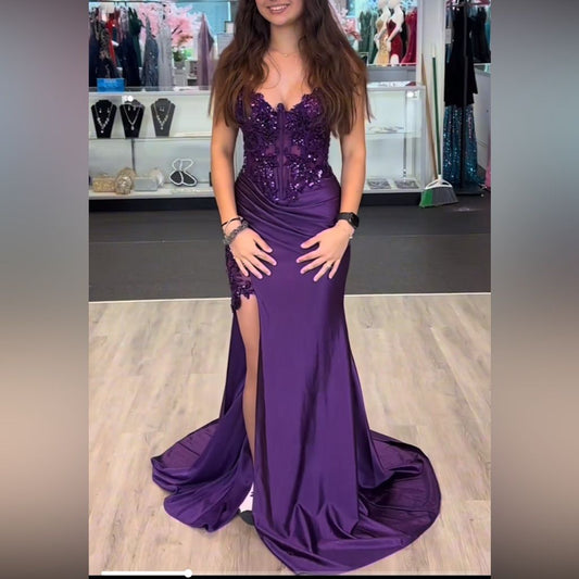 Classic Mermaid Spaghetti Straps Purple Satin Lace Long Prom Dress Inspiration Party Senior Dance Prom Dresses RB1231