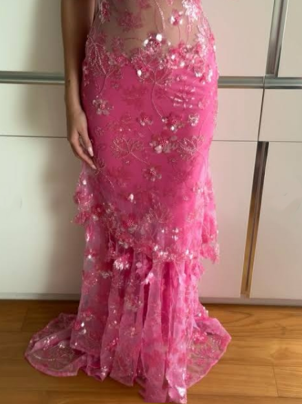 Sexy Mermaid Spaghetti Straps Pink Floral Sequin Prom Dresses Long 18th Birthday Outfit High School Dance Party Dress RB1235