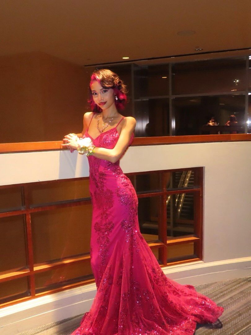 Sexy Mermaid Spaghetti Straps Hot Pink Lace Sequin Prom Dresses Long 18th Birthday Outfit High School Dance Party Dress RB1236