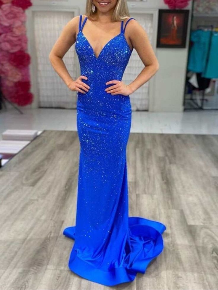 Sexy Mermaid Spaghetti Straps Royal Blue Sequins Prom Dresses Long 18th Birthday Outfit High School Dance Party Dress RB1242