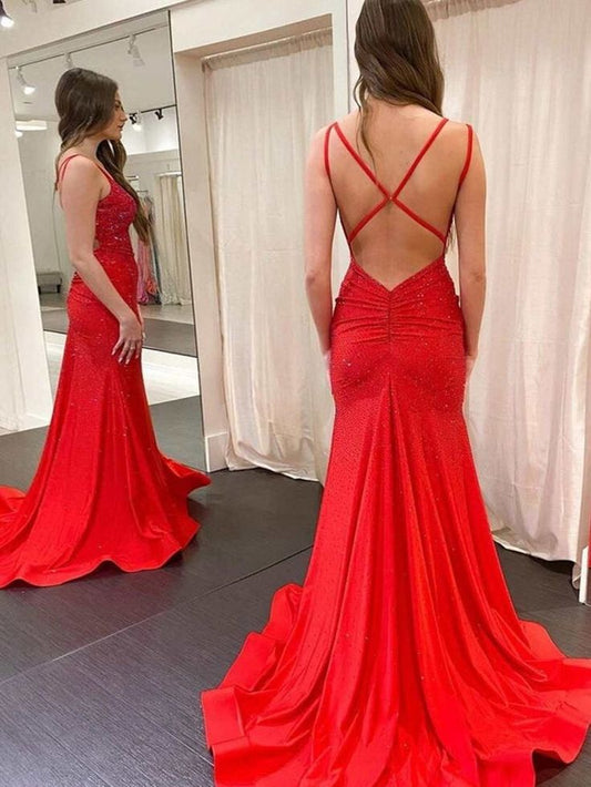 Bescheidene, trendige Meerjungfrau-Spaghettiträger, marineblaue Pailletten, Ballkleider im Stil der Oberstufe, langes Tanzpartykleid RB1177