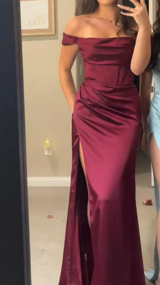Simple Mermaid Off The Shoulder Burgundy Slit Prom Dresses Long 18th Birthday Outfit Senior High School Dance Party Dress RB1245