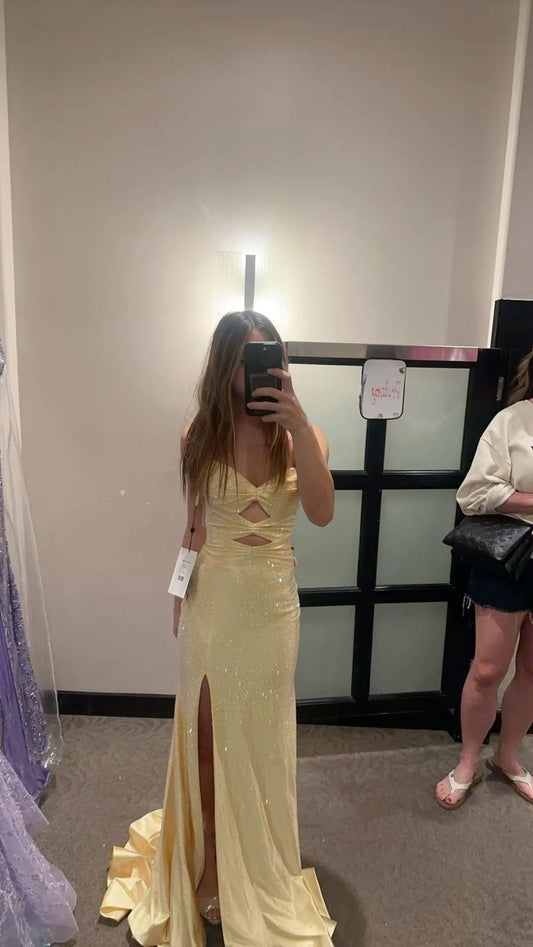 Sexy Mermaid Sweetheart Yellow Slit Sequins Prom Dresses Long 18th Birthday Outfit High School Dance Party Dress RB1246