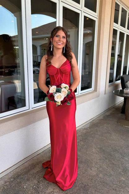 Cheap Mermaid Spaghetti Straps Red Long Classy Beautiful Satin Prom Dresses Party Dress Birthday Outfit Graduation Dress RB1257