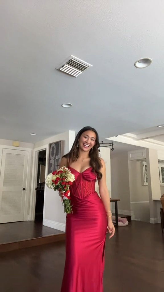 Cheap Mermaid Spaghetti Straps Red Long Classy Beautiful Satin Prom Dresses Party Dress Birthday Outfit Graduation Dress RB1257
