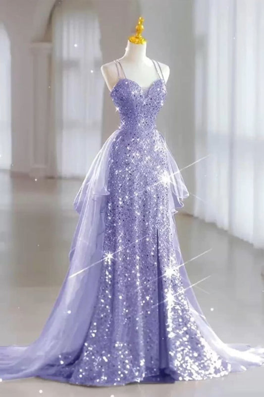 Modest Elegant Mermaid Spaghetti Straps Lilac Slit Sequin Prom Dresses Inspo Long High School Dance Formal Plain Prom Dress RB1260