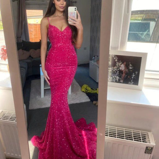 Modest Elegant Mermaid Spaghetti Straps Hot Pink Sequin Prom Dresses Inspo Long High School Dance Formal Plain Prom Dress RB1262