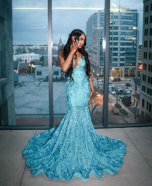 Aesthetic Mermaid V Neck Blue Sequin Long Prom Dresses Inspo Party Dress Graduation Gown RB1275