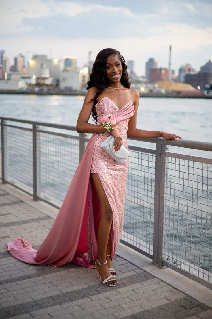 Aesthetic Mermaid Sweetheart Pink Sequin Slit Long Prom Dresses Inspo Party Dress Graduation Gown RB1278