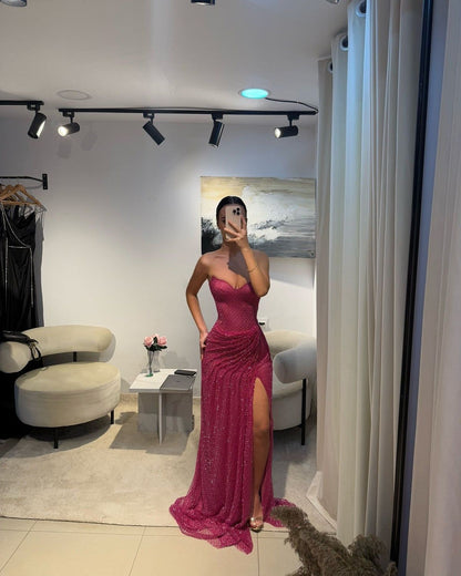 Stunning Mermaid Sweetheart Fuchsia Long Prom Dresses Inspo Prom Dress Glitter Sequin Evening Gown RB1289