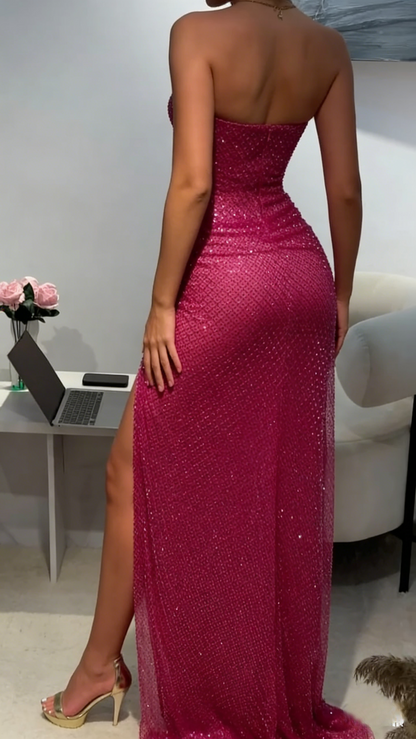 Stunning Mermaid Sweetheart Fuchsia Long Prom Dresses Inspo Prom Dress Glitter Sequin Evening Gown RB1289