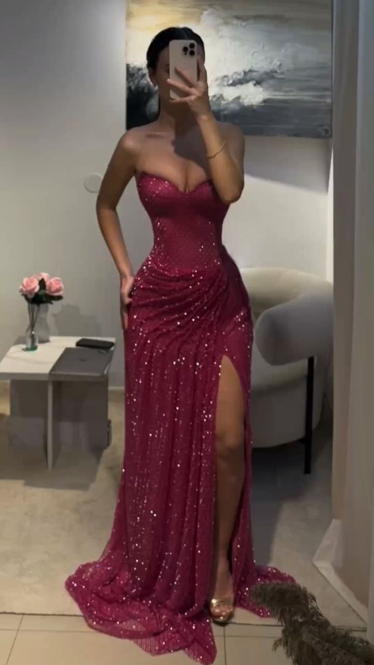 Stunning Mermaid Sweetheart Fuchsia Long Prom Dresses Inspo Prom Dress Glitter Sequin Evening Gown RB1289