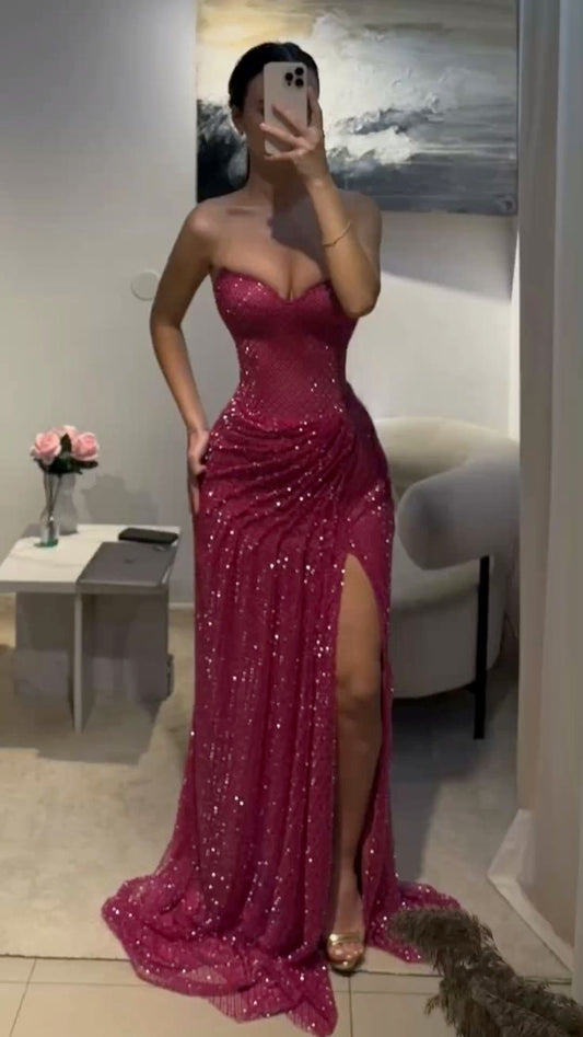 Stunning Mermaid Sweetheart Fuchsia Long Prom Dresses Inspo Prom Dress Glitter Sequin Evening Gown RB1289