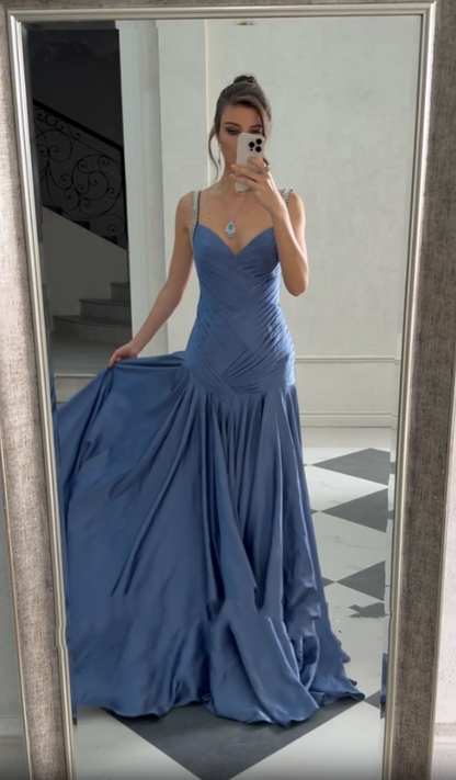 Vintage Mermaid Spaghetti Straps Blue Chiffon Long Prom Dresses Inspiration Prom Gown RB1294