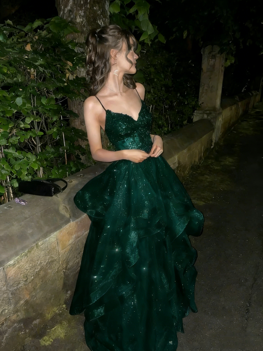 Schickes Ballkleid mit Spaghettiträgern, marineblau, Tüll, lange Ballkleider, Inspiration, Partykleid, Ballkleider RB1295