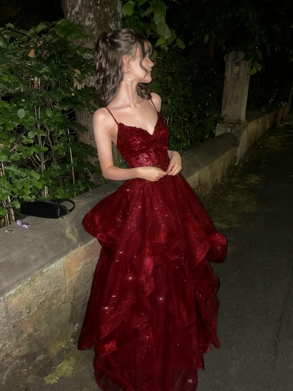Schickes Ballkleid mit Spaghettiträgern, marineblau, Tüll, lange Ballkleider, Inspiration, Partykleid, Ballkleider RB1295