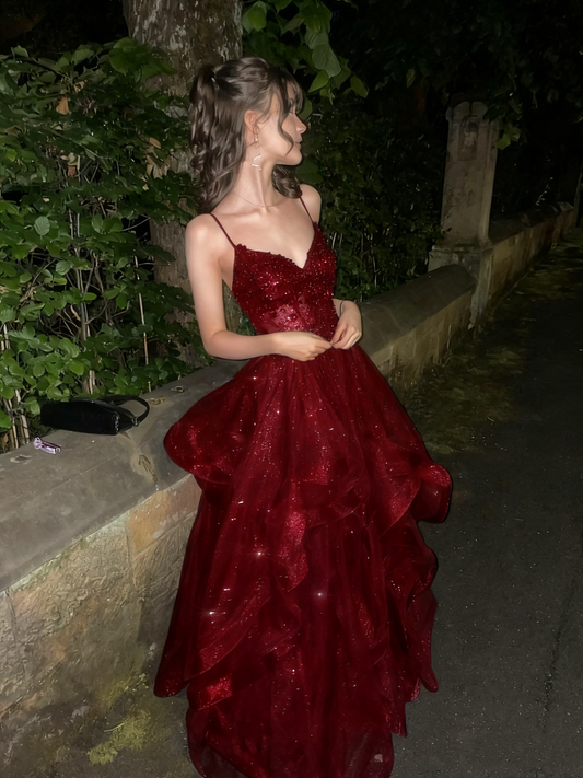 Elegantes, langes A-Linien-Abendkleid mit herzförmigem Ausschnitt, dunkelburgunderrot mit Pailletten, formelles Partykleid AB478