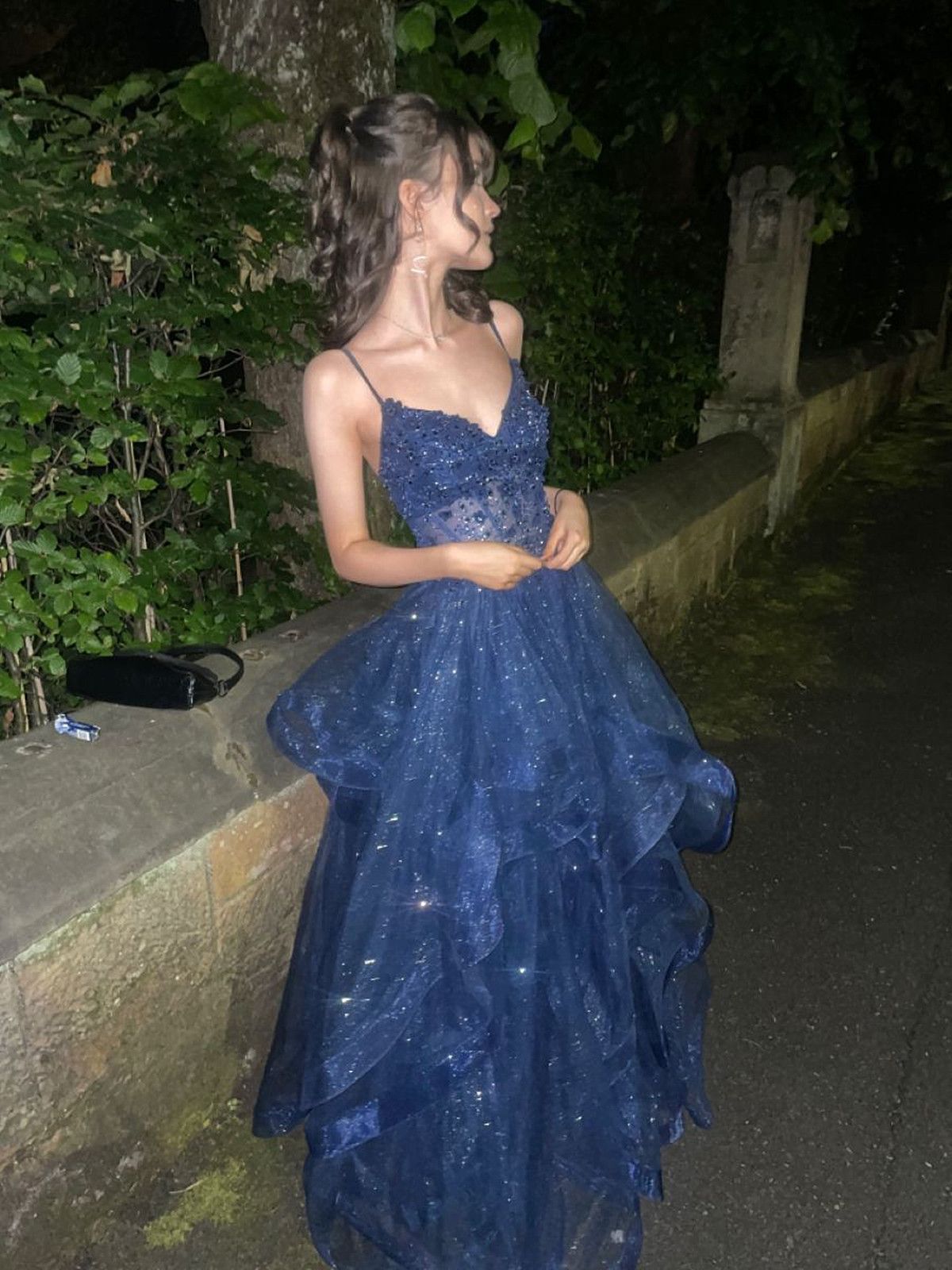 Schickes Ballkleid mit Spaghettiträgern, marineblau, Tüll, lange Ballkleider, Inspiration, Partykleid, Ballkleider RB1295
