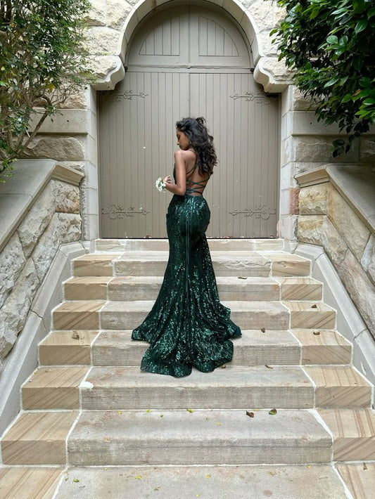 Beautiful Mermaid Spaghetti Straps Dark Emerald Green Sequin Slit Long Prom Dresses Inspiration Prom Gown RB1304