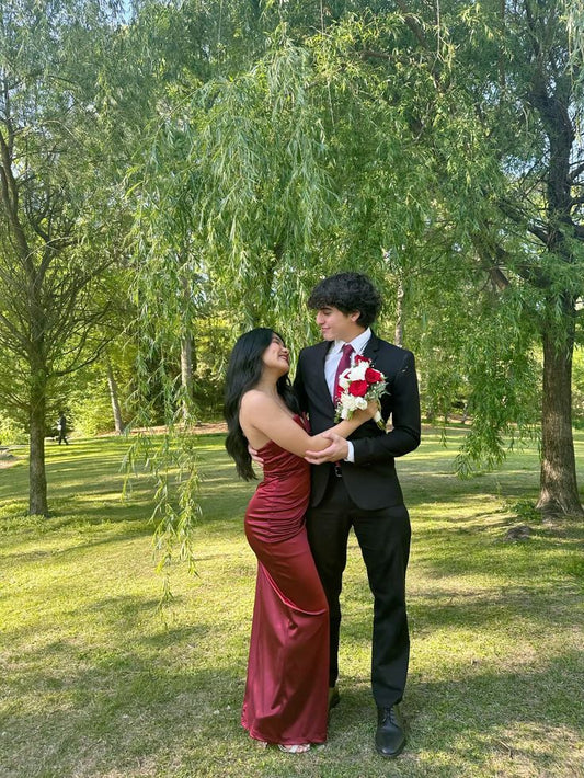 Unique Mermaid Strapless Burgundy Satin Prom Dresses Long Party Dress Birthday Outfits Prom Gown RB1307