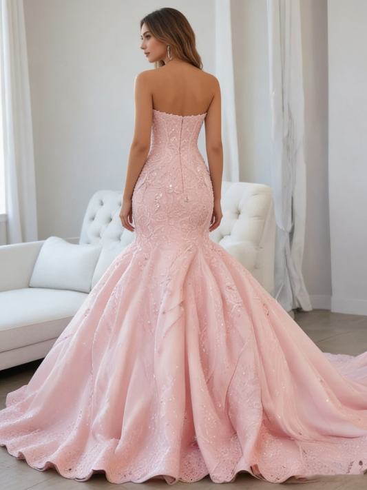 Einzigartige Meerjungfrau Sweetheart Rosa Spitze Ballkleider Langes Partykleid Geburtstags-Outfits Abendkleid RB1310