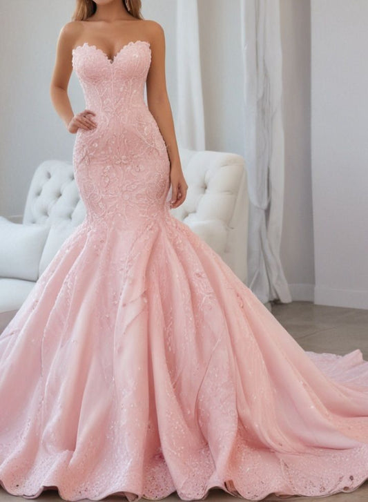 Einzigartige Meerjungfrau Sweetheart Rosa Spitze Ballkleider Langes Partykleid Geburtstags-Outfits Abendkleid RB1310