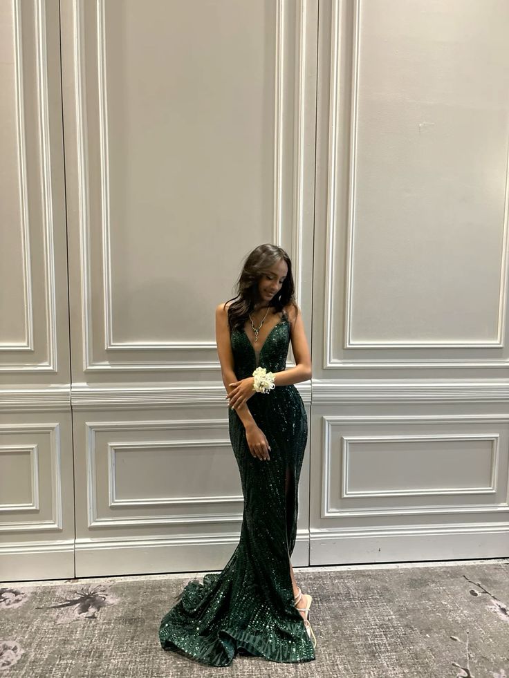 Beautiful Mermaid Spaghetti Straps Dark Emerald Green Sequin Slit Long Prom Dresses Inspiration Prom Gown RB1304