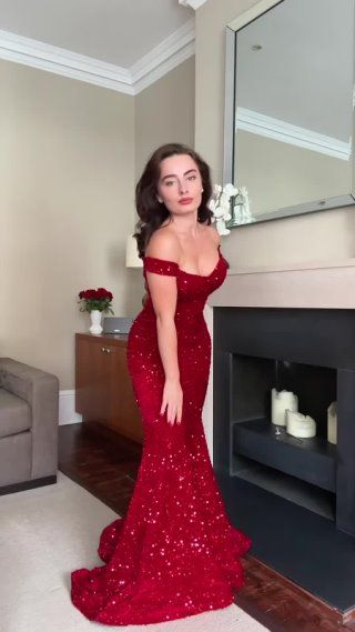Exquisite Mermaid Off The Shoulder Red Sequins Prom Dresses Long Party Dress 18th Birthday Outfit Prom Gowns RB1323