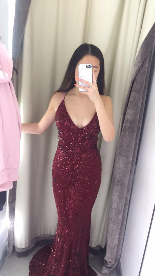 Stunning Mermaid Halter Burgundy Sequin Lace Long Prom Dresses Inspiration Prom Gowns RB1326