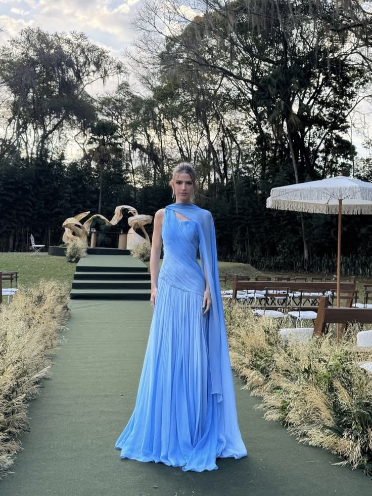 Pretty Mermaid One Shoulder Blue Pleated Sleeveless Chiffon Long Prom Dresses Inspo Prom Gown RB1333