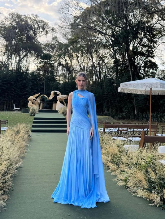 Pretty Mermaid One Shoulder Blue Pleated Sleeveless Chiffon Long Prom Dresses Inspo Prom Gown RB1333