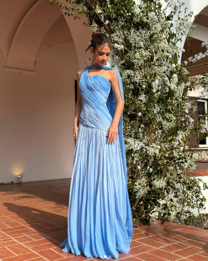 Pretty Mermaid One Shoulder Blue Pleated Sleeveless Chiffon Long Prom Dresses Inspo Prom Gown RB1333