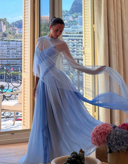 Pretty Mermaid Spaghetti Straps Multi Blue Pleated Sleeveless Chiffon Long Prom Dresses Inspo Prom Gown With Scarf RB1337