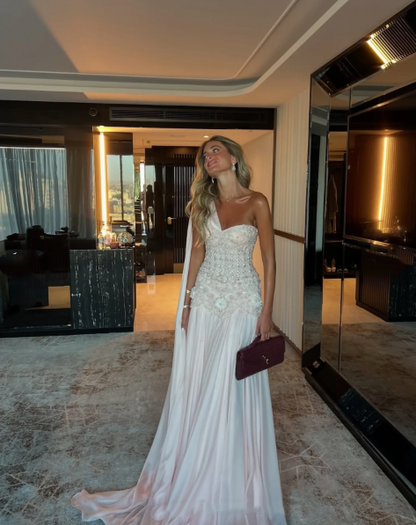 Robe de bal sirène luxueuse à une épaule en mousseline rose sans manches ornée de perles, longueur au sol, robe de remise de diplôme N889