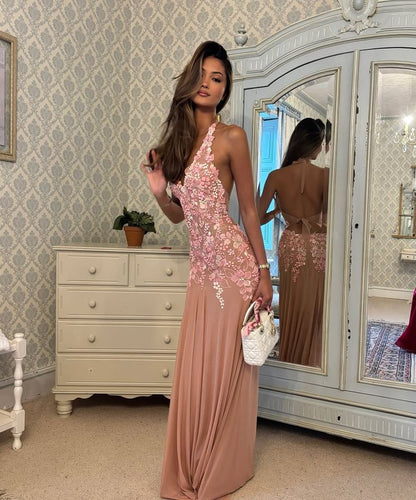 Beautiful Mermaid Halter Pink Maxi Long Party Lace Beaded Chiffon Prom Dresses Evening Dress RB1346