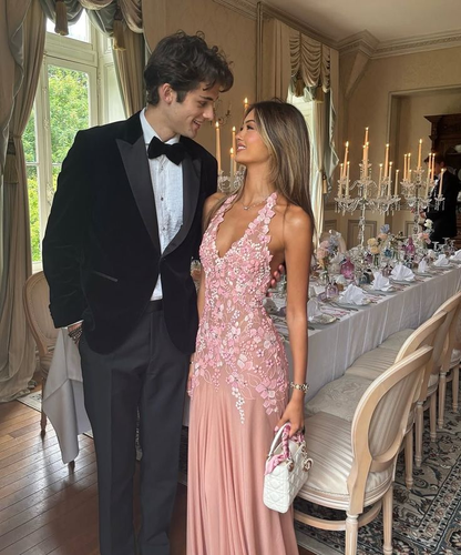 Beautiful Mermaid Halter Pink Maxi Long Party Lace Beaded Chiffon Prom Dresses Evening Dress RB1346