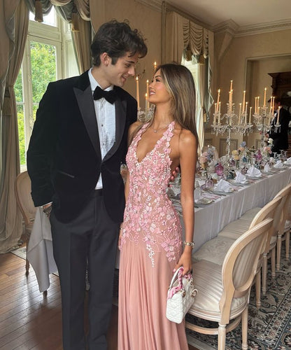 Beautiful Mermaid Halter Pink Maxi Long Party Lace Beaded Chiffon Prom Dresses Evening Dress RB1346