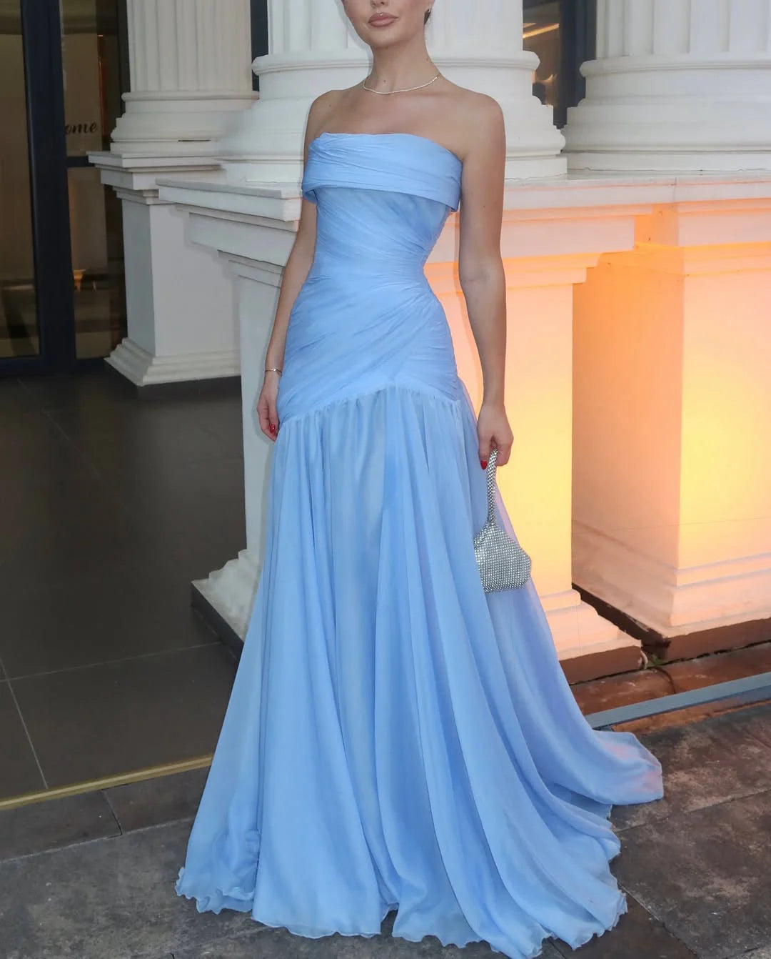 Modest Mermaid Strapless Blue Sleeveless Chiffon Long Prom Dresses With Pleated Inspo Prom Gown RB1348